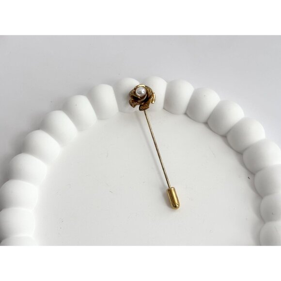 XL Petaled Rose Floral Faux Pearl Gold T Vintage Stick Pin | Hat Pin | Lapel Pin - Picture 7 of 10